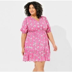 Torrid Pink Floral Tiered Dress Puff Sleeve with White & Black Blooms sz 2X